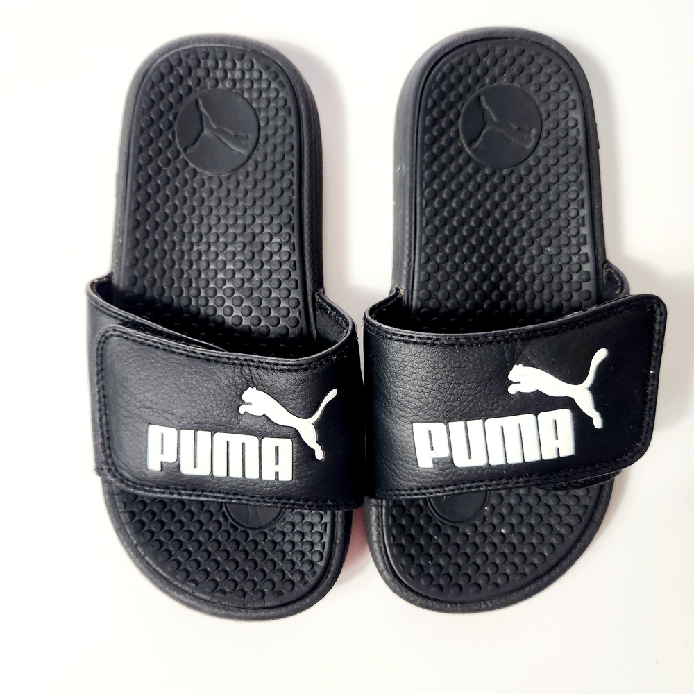 Puma Boys Black Slide Sandals With White Logo Size: 1
